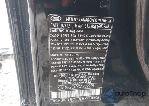 2013 Land Rover Range Rover Sport Supercharged z USA, uszkodzony, nr VIN SALSP2E49DA769925